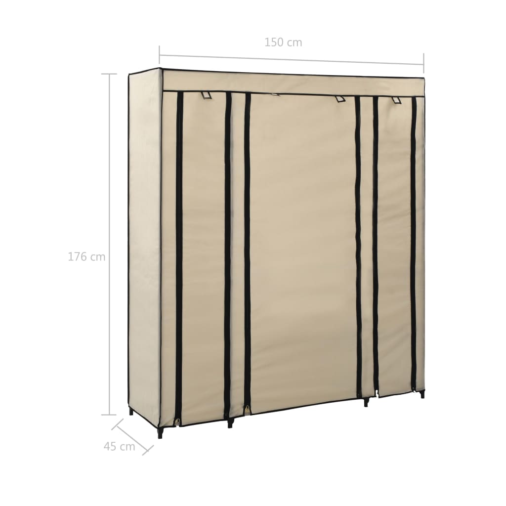 Wardrobe with rails and compartments, cream, 150x45x176 cm, textile