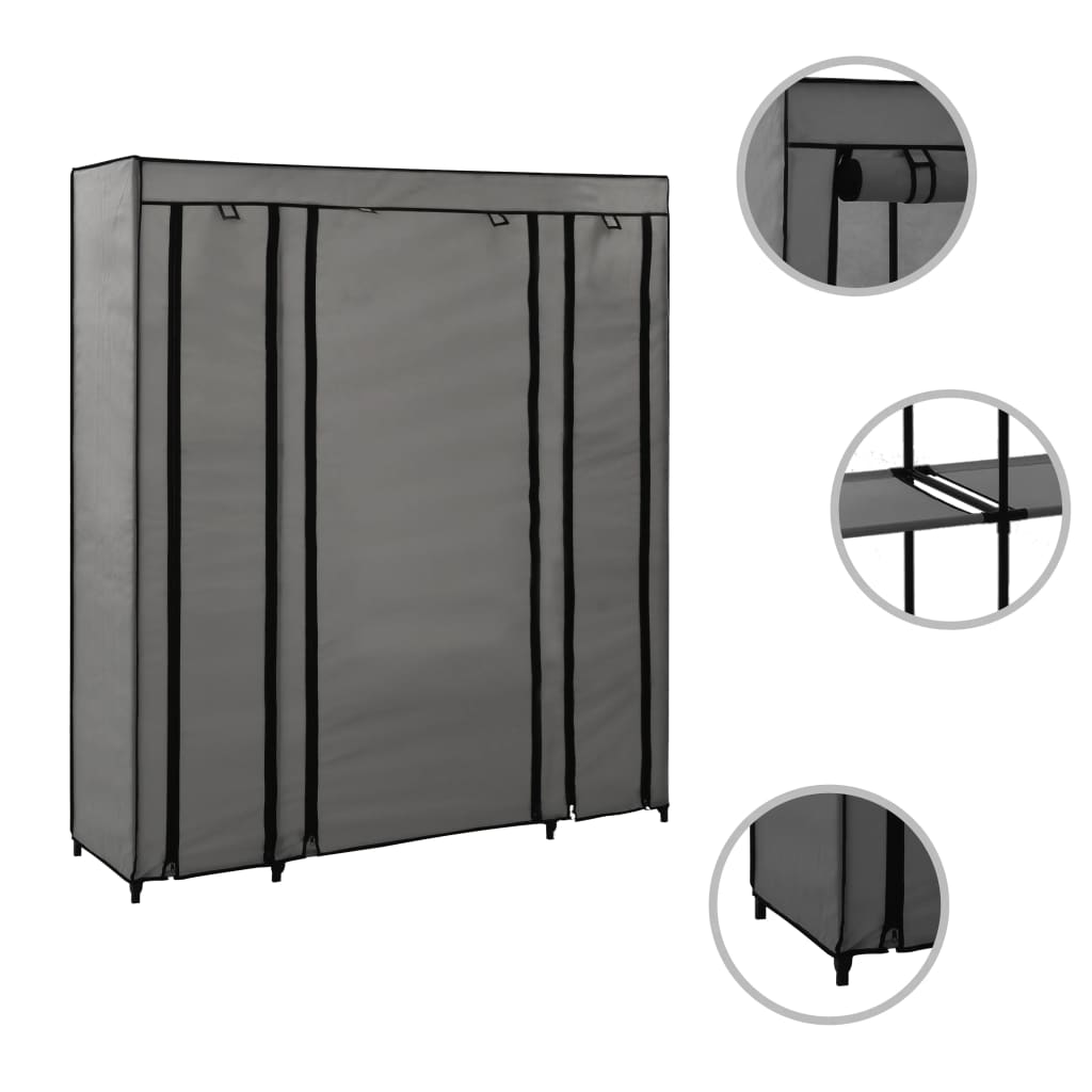 Wardrobe with bars and compartments, gray, 150x45x176 cm, textile