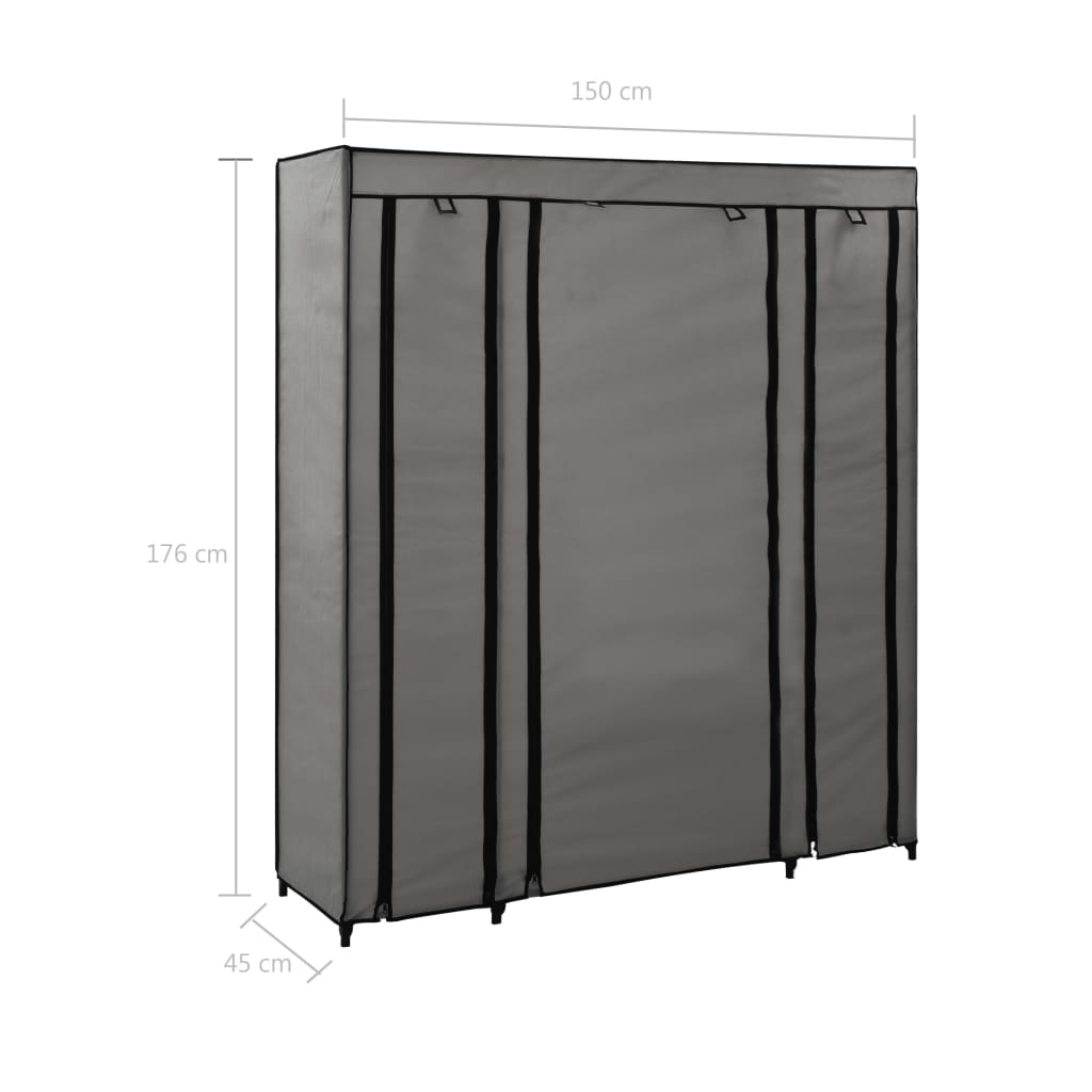 Wardrobe with bars and compartments, gray, 150x45x176 cm, textile