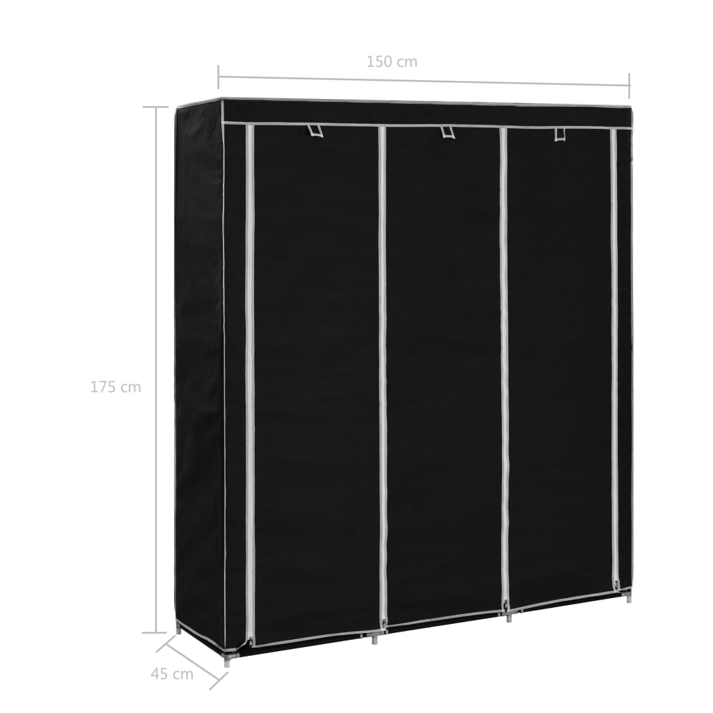 Wardrobe with bars and compartments, black, 150x45x175 cm