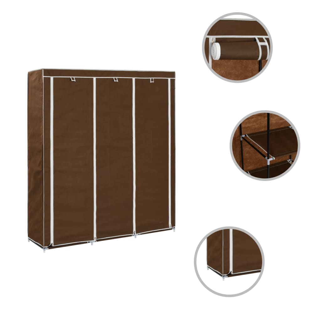 Wardrobe with bars and compartments, brown, 150x45x175 cm, textile