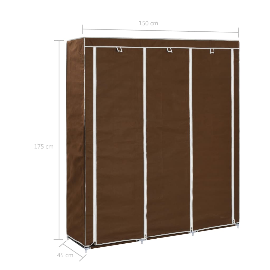 Wardrobe with bars and compartments, brown, 150x45x175 cm, textile