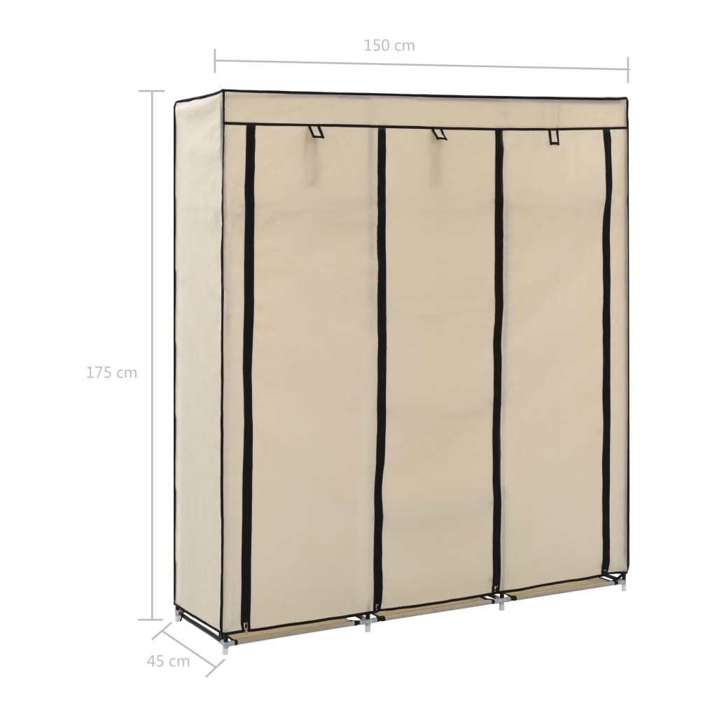 Wardrobe with compartments and rails, cream, 150x45x175 cm, textile