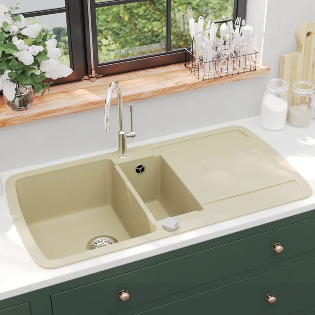 Granite kitchen sink, beige, two basins