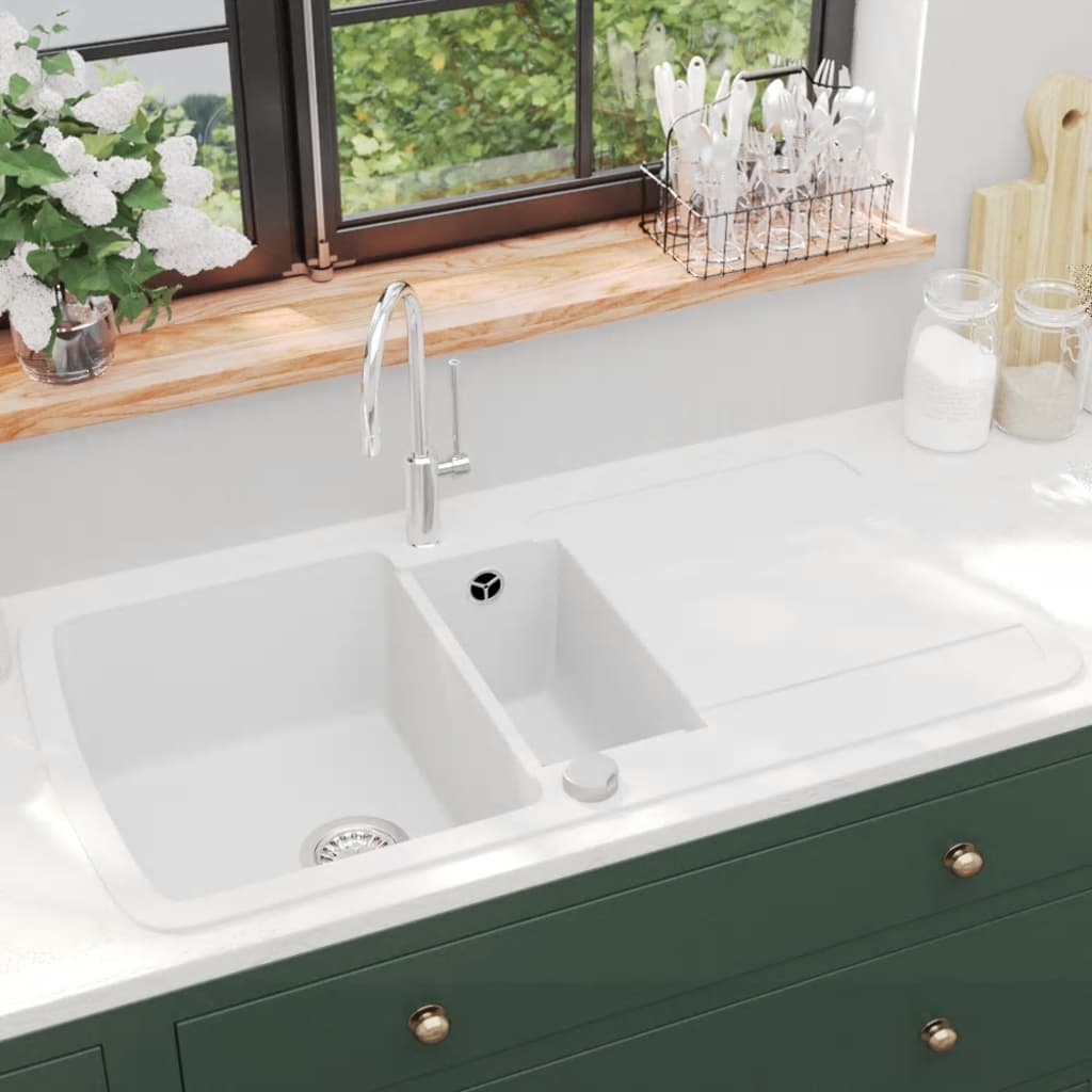 Granite kitchen sink, white, two basins