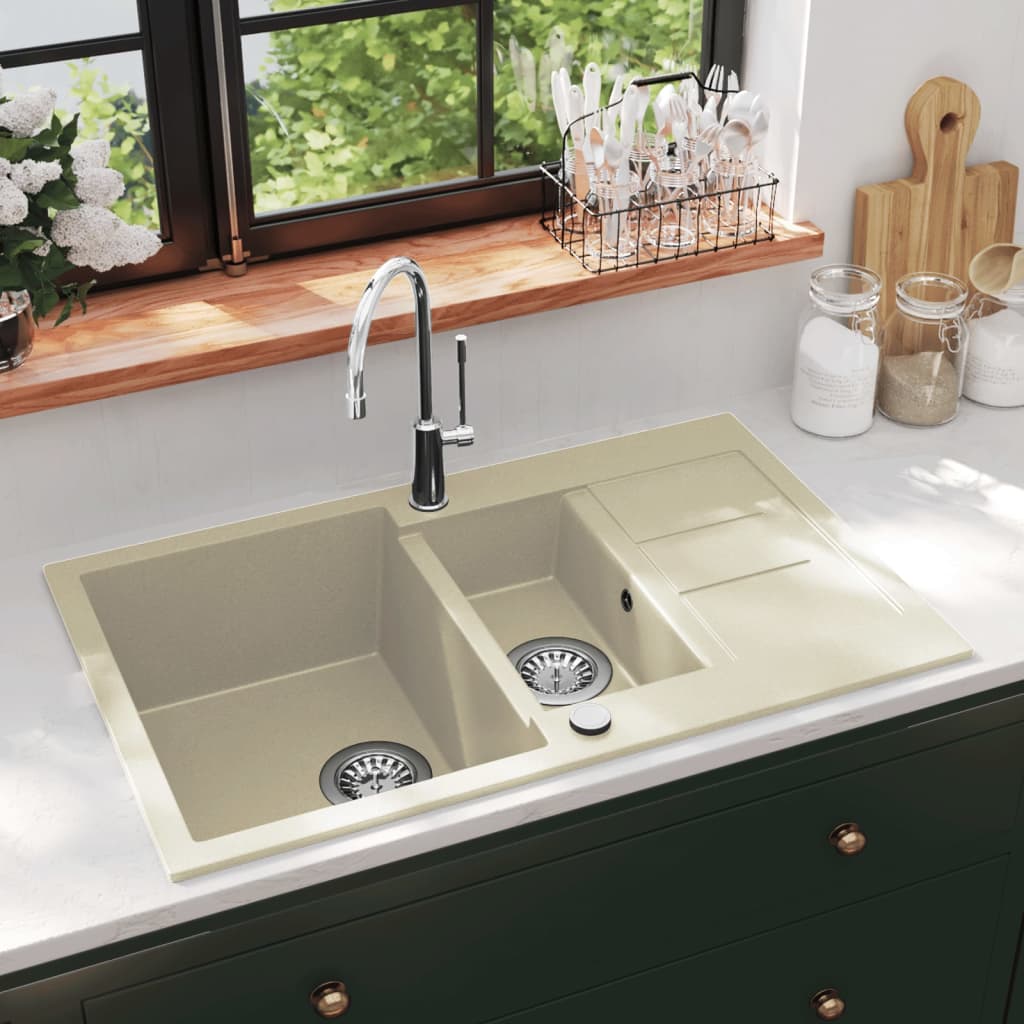 Granite kitchen sink, beige, two basins