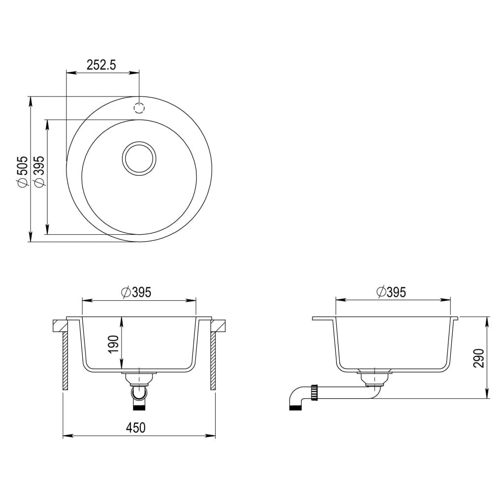 Granite kitchen sink, beige, single bowl, round