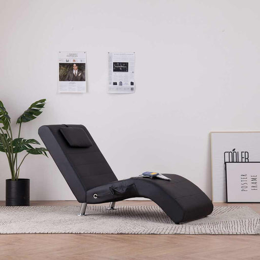 Massage lounger with cushion, black, artificial leather