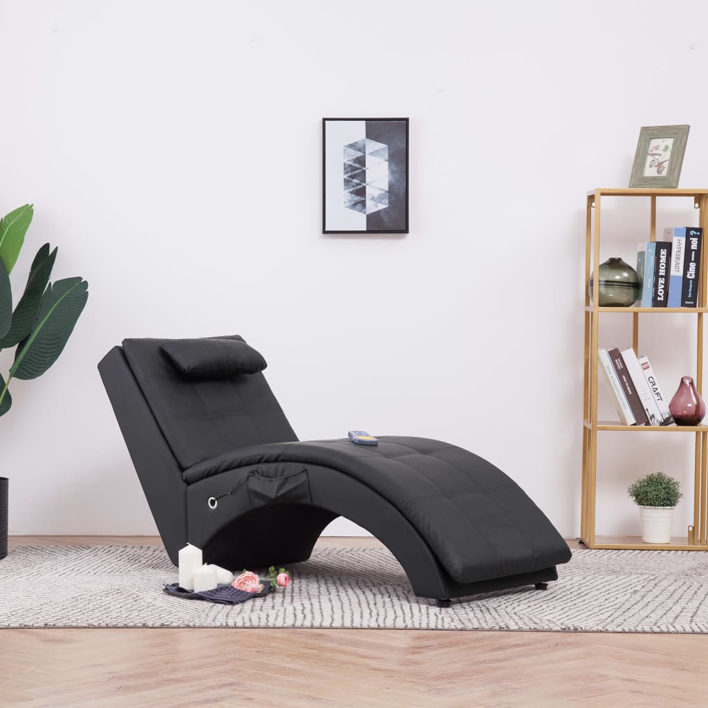 Massage lounger with cushion, black, artificial leather