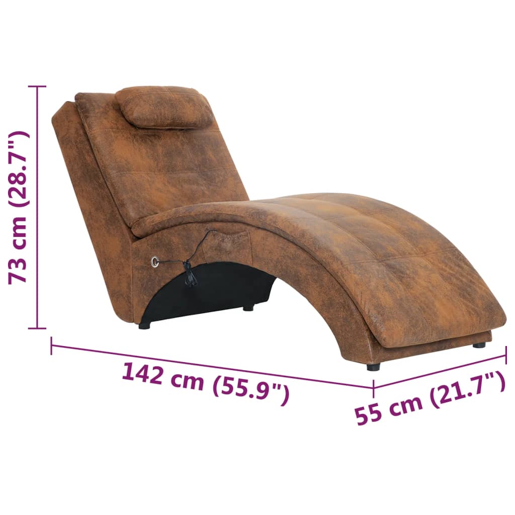 Massage lounger with cushion, brown, artificial suede