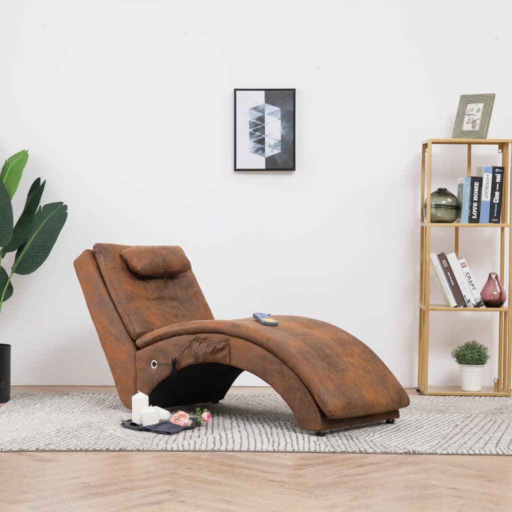 Massage lounger with cushion, brown, artificial suede