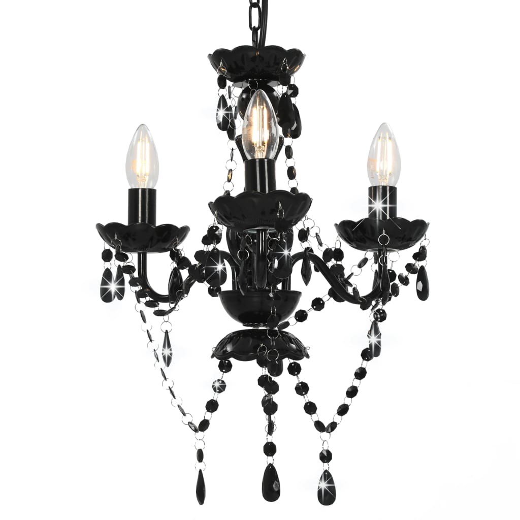 Beaded chandelier, black, round, 3 E14 bulbs