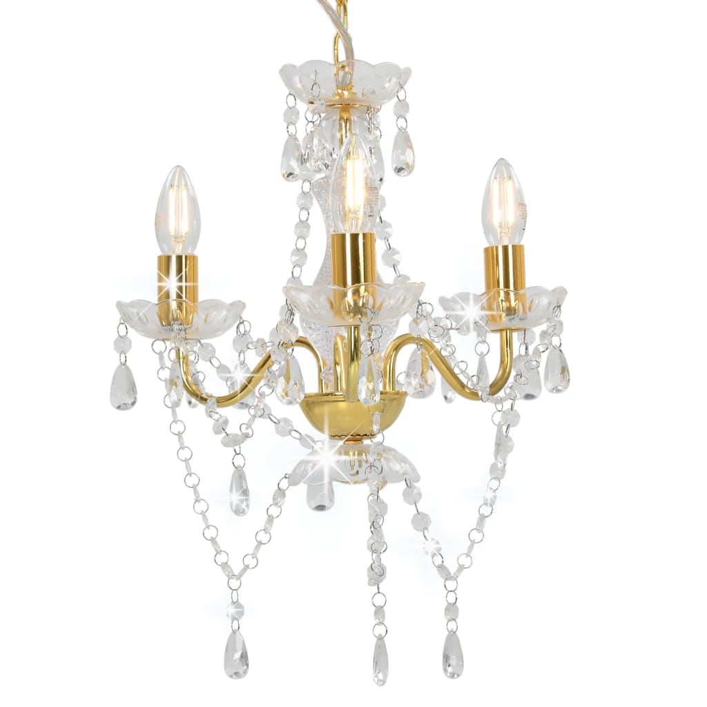 Beaded chandelier, gold, round, 3 E14 bulbs