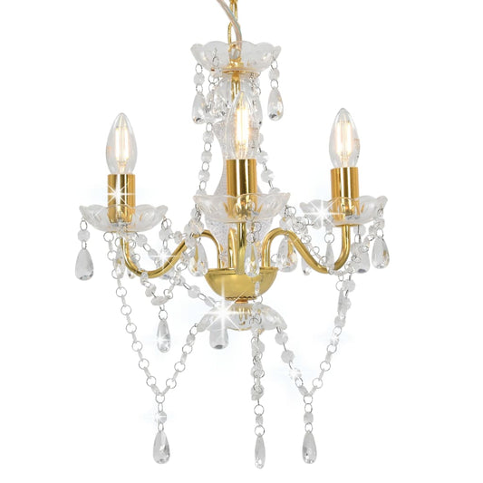 Beaded chandelier, gold, round, 3 E14 bulbs