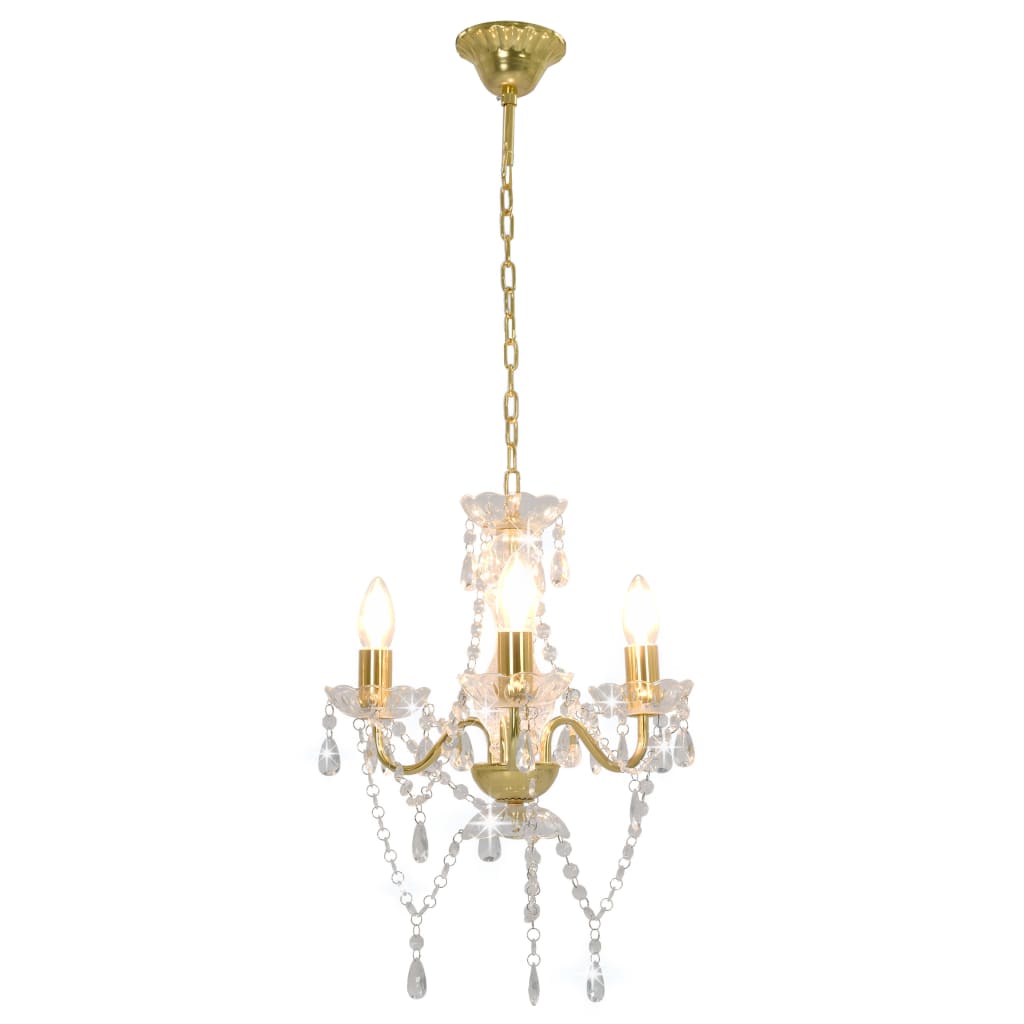 Beaded chandelier, gold, round, 3 E14 bulbs