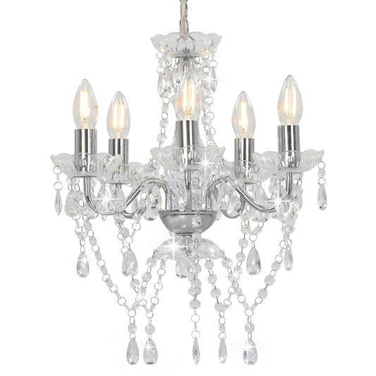 Candelabru cu mărgele de cristal, argintiu, rotund, 5 x E14