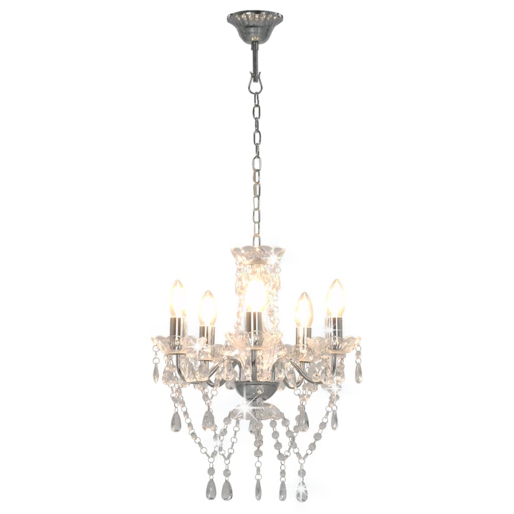 Chandelier with crystal beads, silver, round, 5 x E14