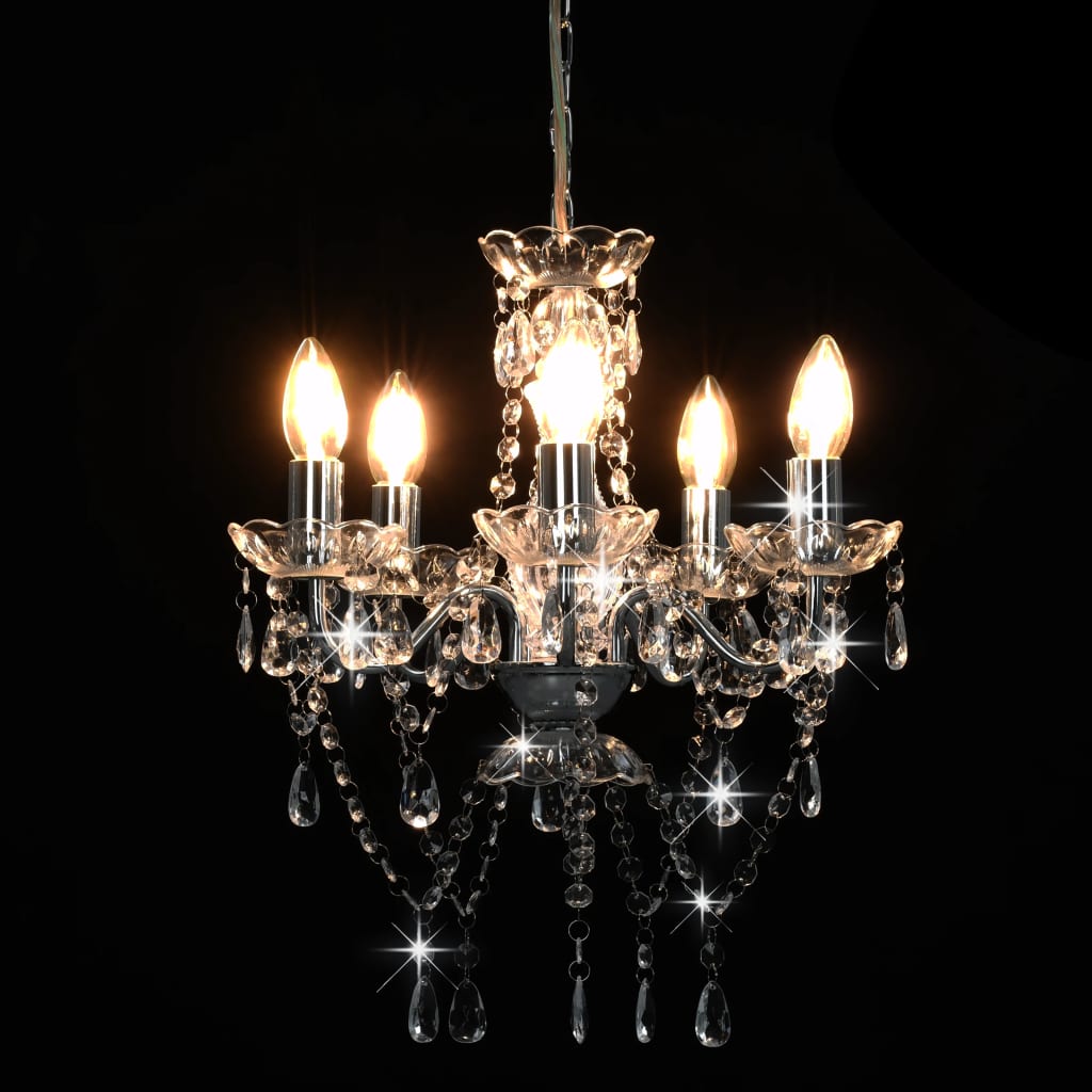 Chandelier with crystal beads, silver, round, 5 x E14