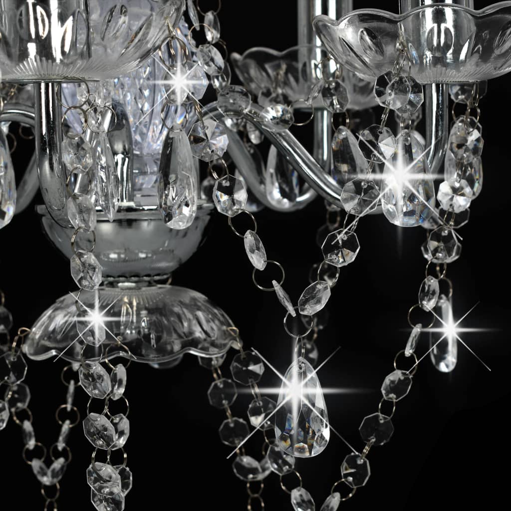 Chandelier with crystal beads, silver, round, 5 x E14