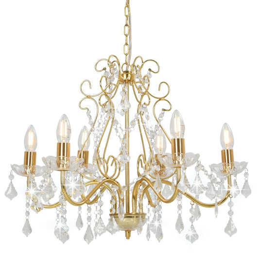 Chandelier with crystal beads, gold, round, 6 x E14