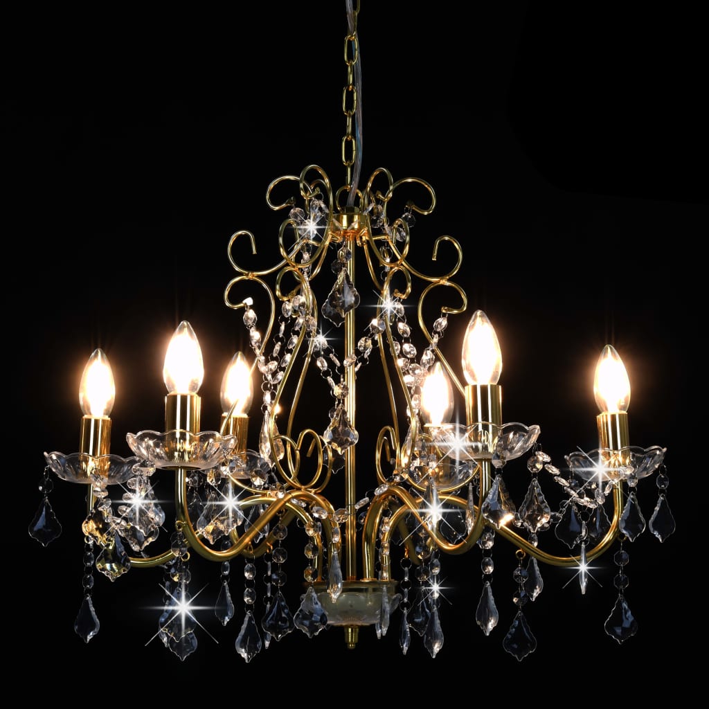 Candelabru cu mărgele de cristal, auriu, rotund, 6 x E14