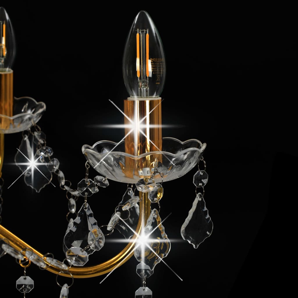 Candelabru cu mărgele de cristal, auriu, rotund, 6 x E14