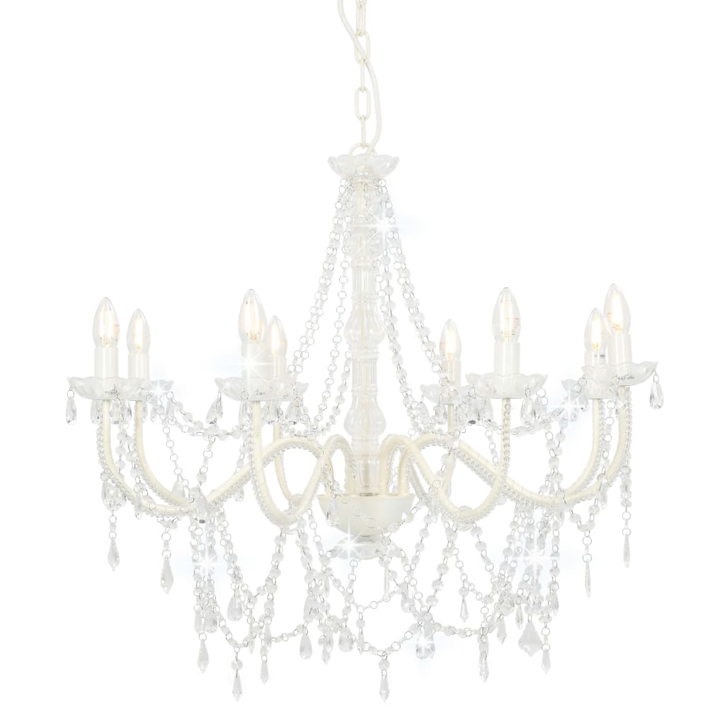 Beaded chandelier, white, 8 E14 bulbs