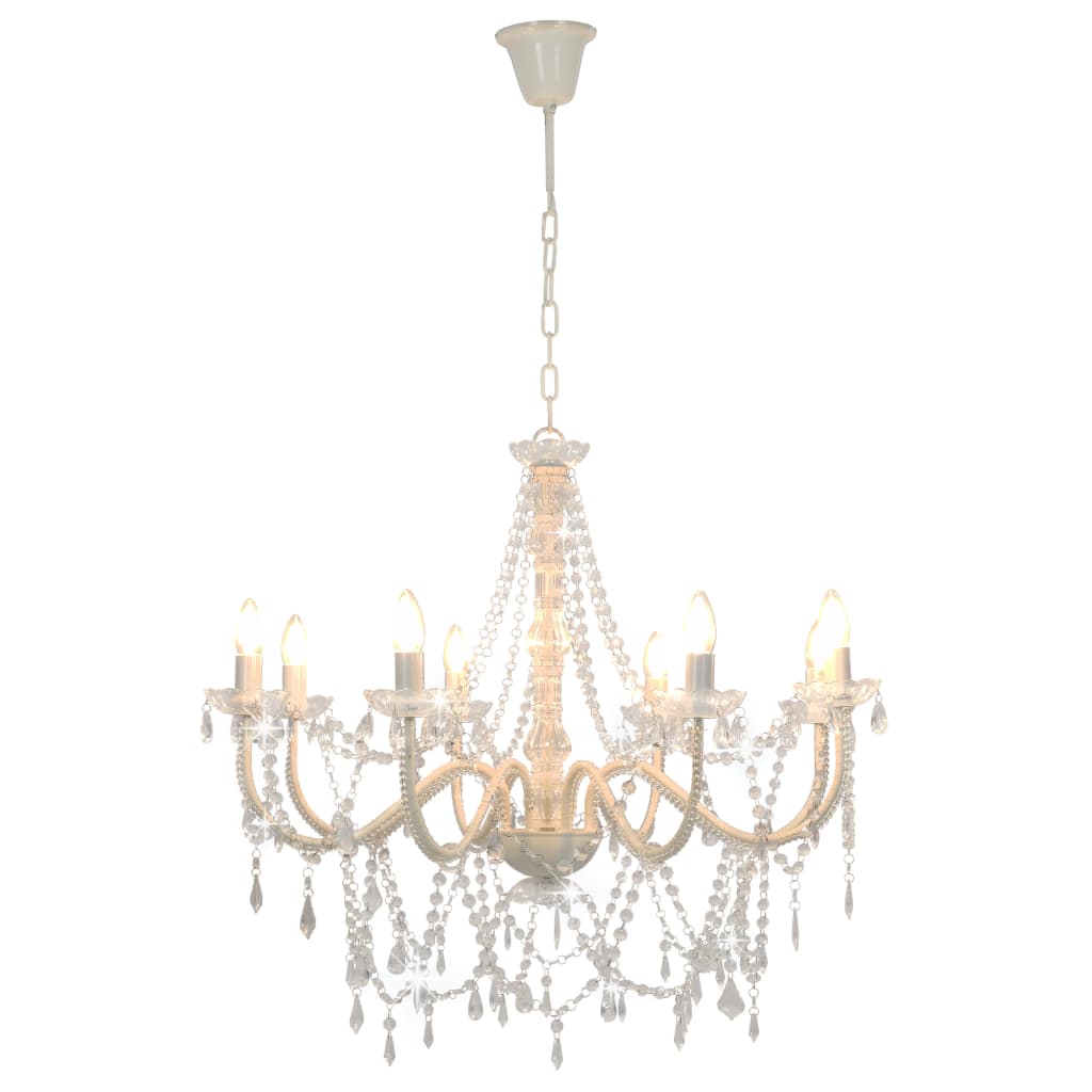 Beaded chandelier, white, 8 E14 bulbs