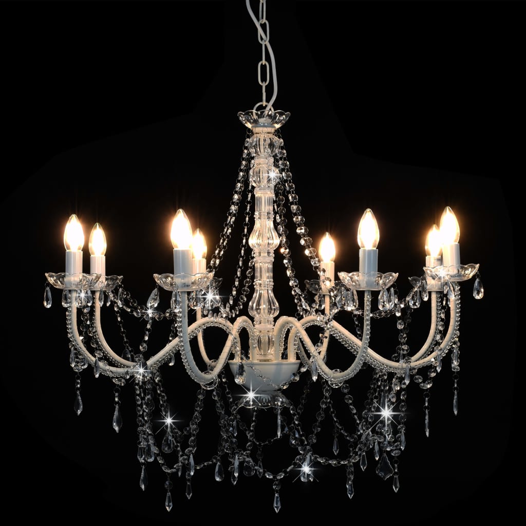 Beaded chandelier, white, 8 E14 bulbs