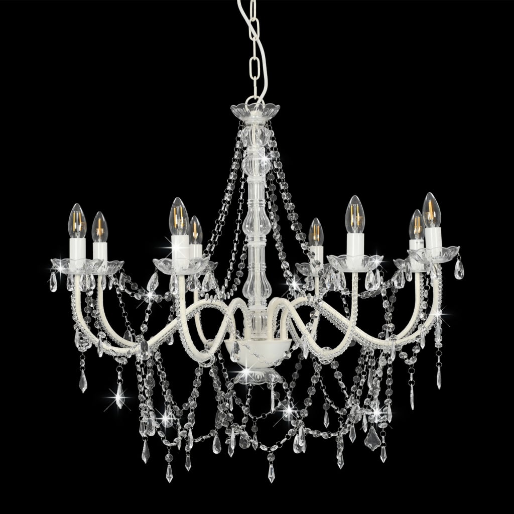 Beaded chandelier, white, 8 E14 bulbs