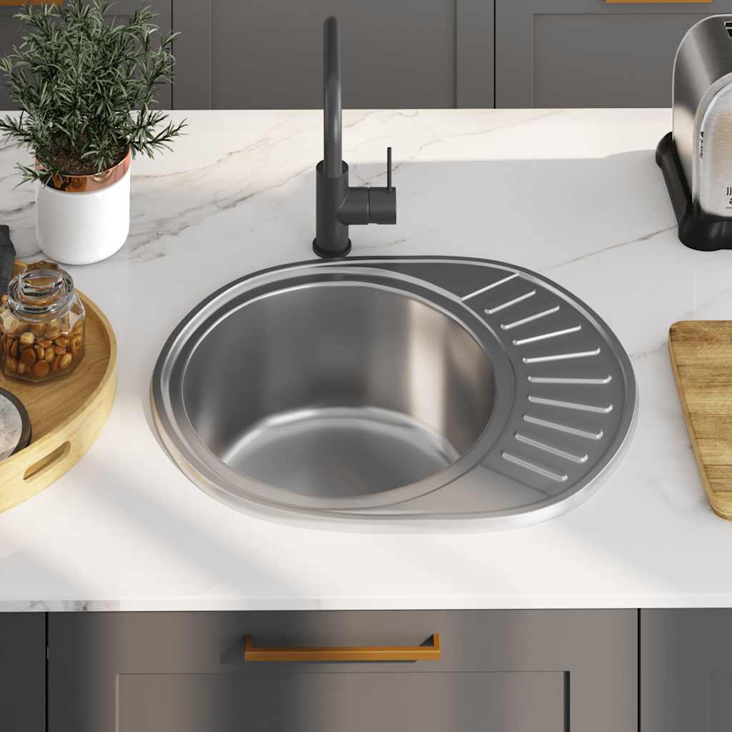 Kitchen sink with strainer and siphon, stainless steel, oval