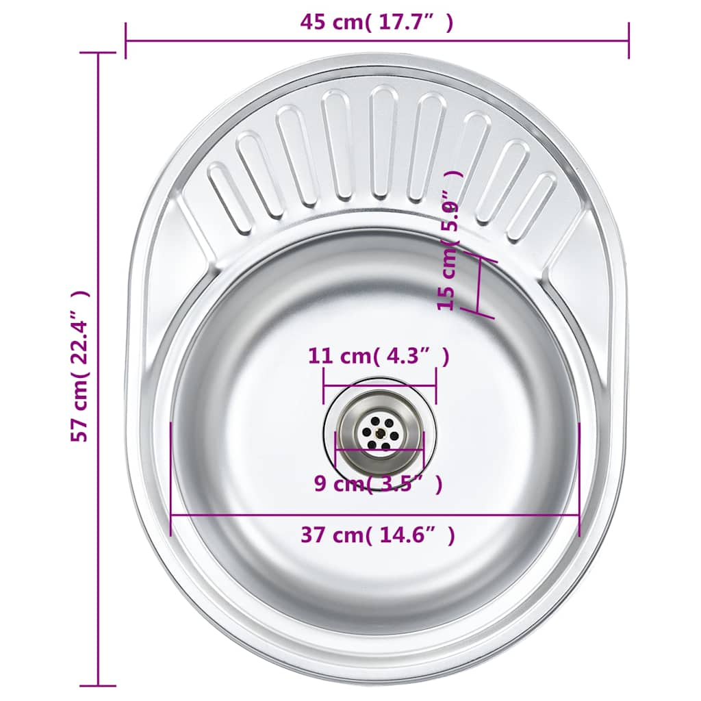 Kitchen sink with strainer and siphon, stainless steel, oval