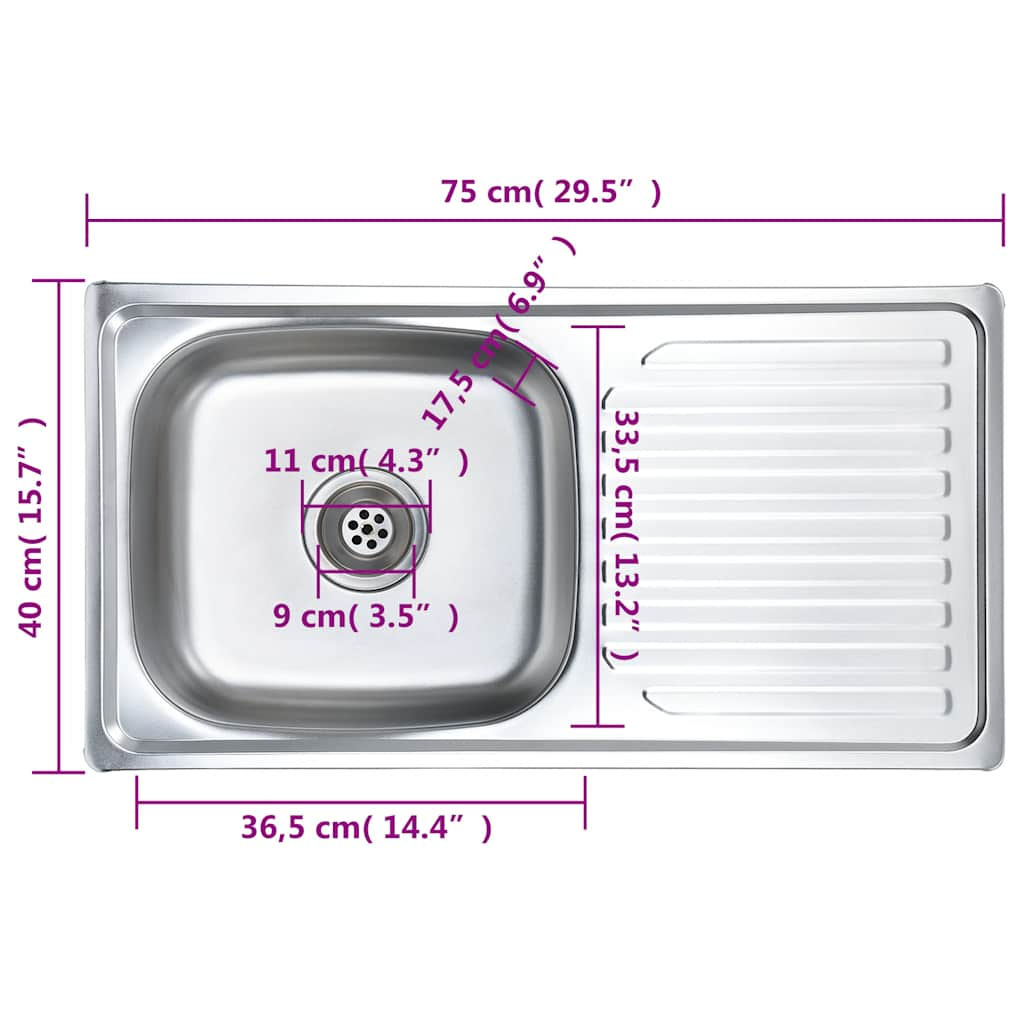 Kitchen sink with strainer and siphon, stainless steel