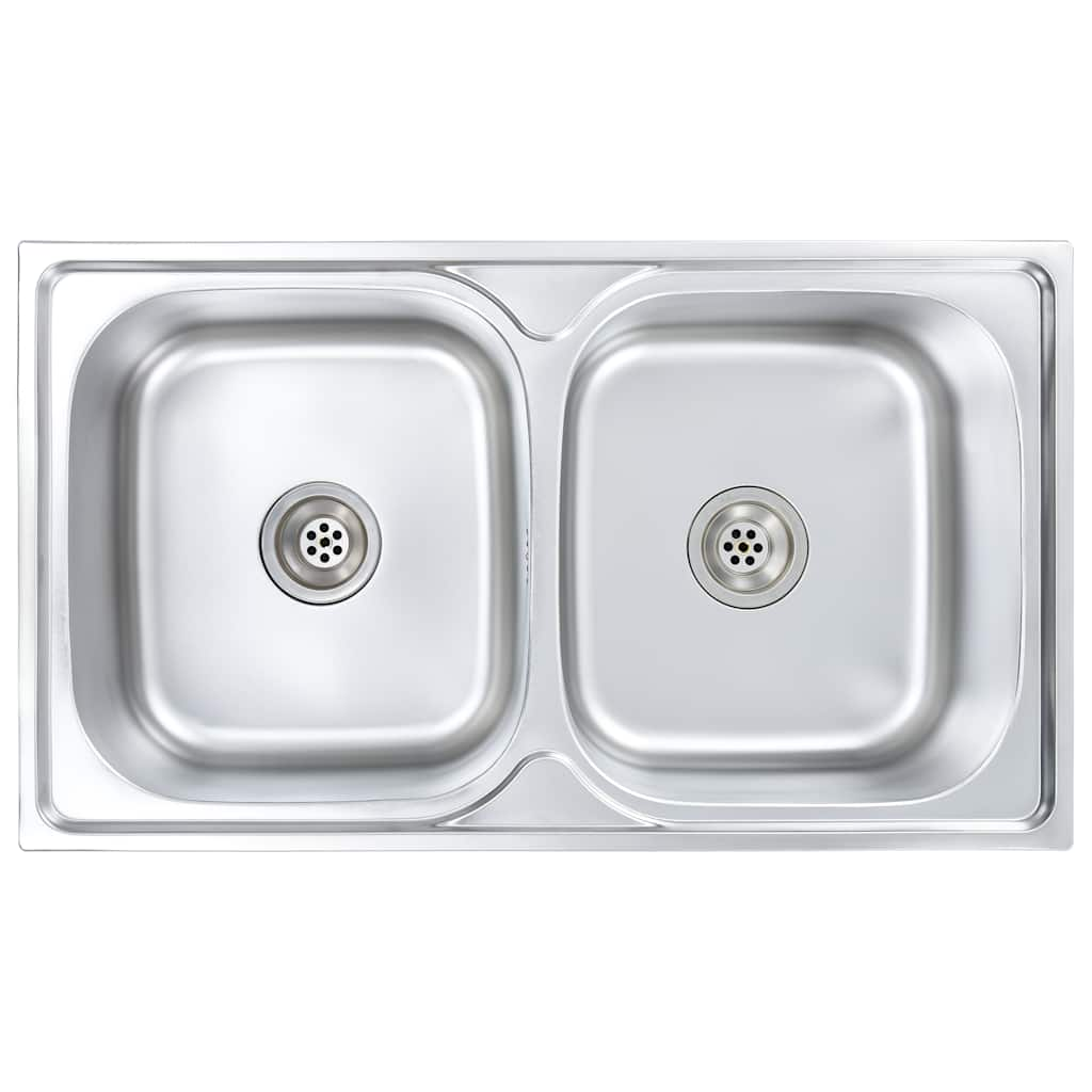 Double kitchen sink with strainer and siphon, stainless steel