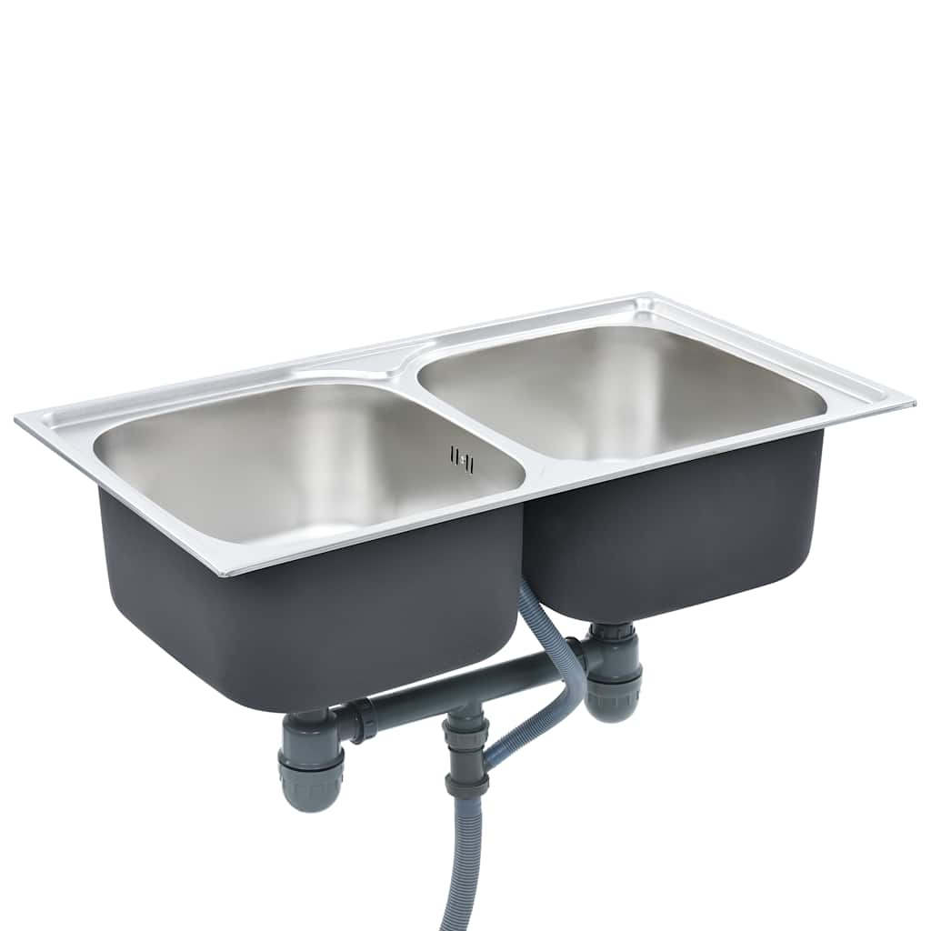 Double kitchen sink with strainer and siphon, stainless steel