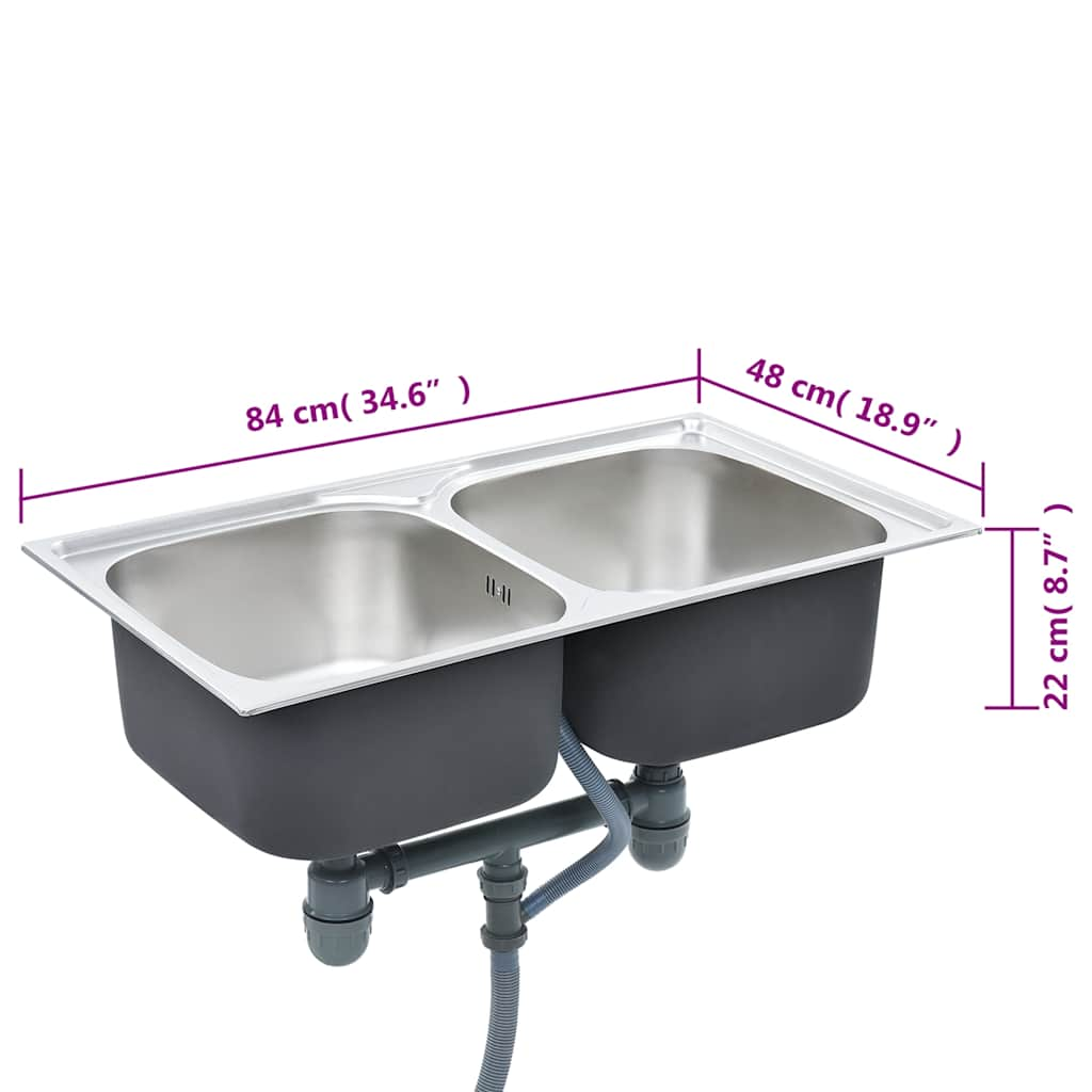 Double kitchen sink with strainer and siphon, stainless steel