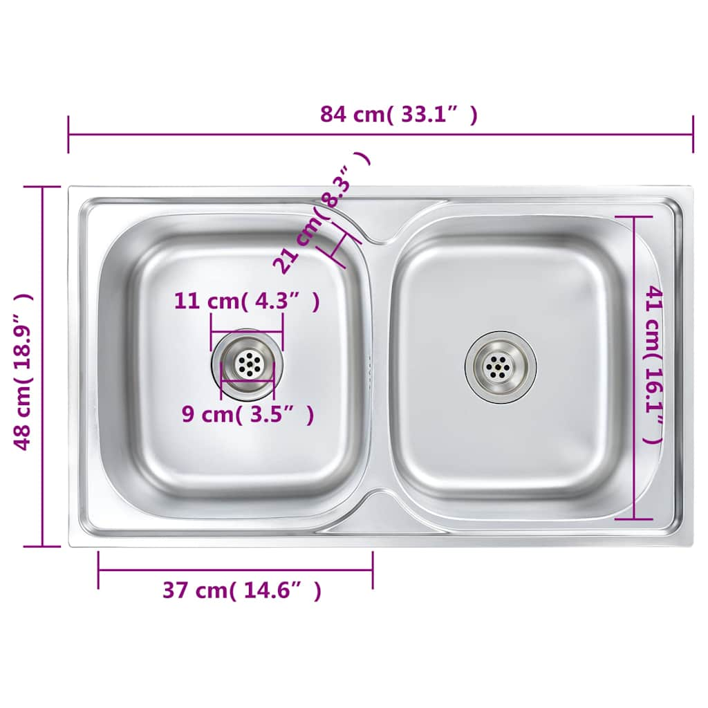 Double kitchen sink with strainer and siphon, stainless steel