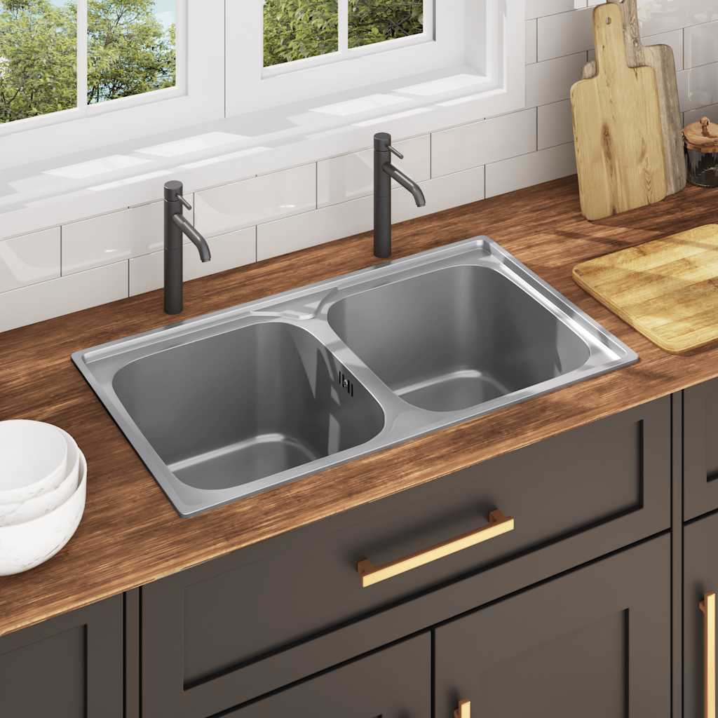 Double kitchen sink with strainer and siphon, stainless steel