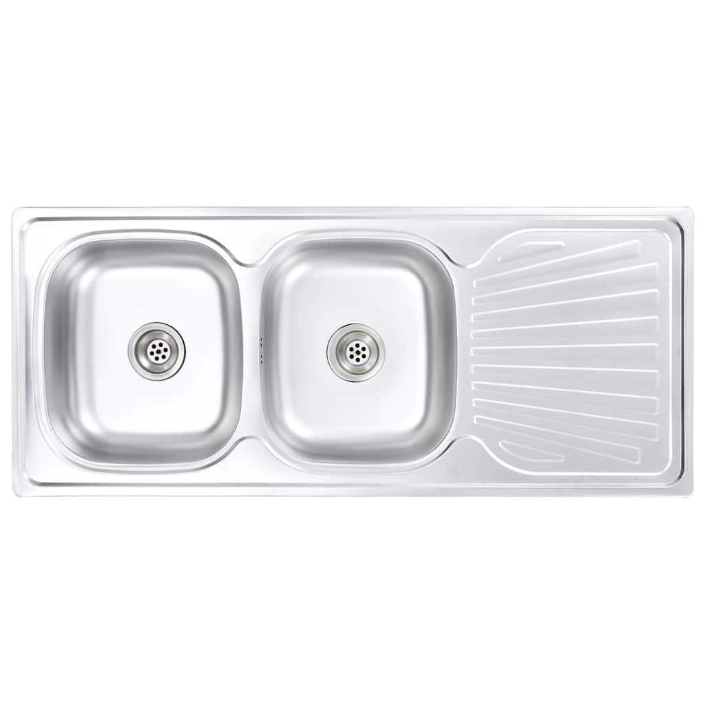 Double kitchen sink with strainer and siphon, stainless steel