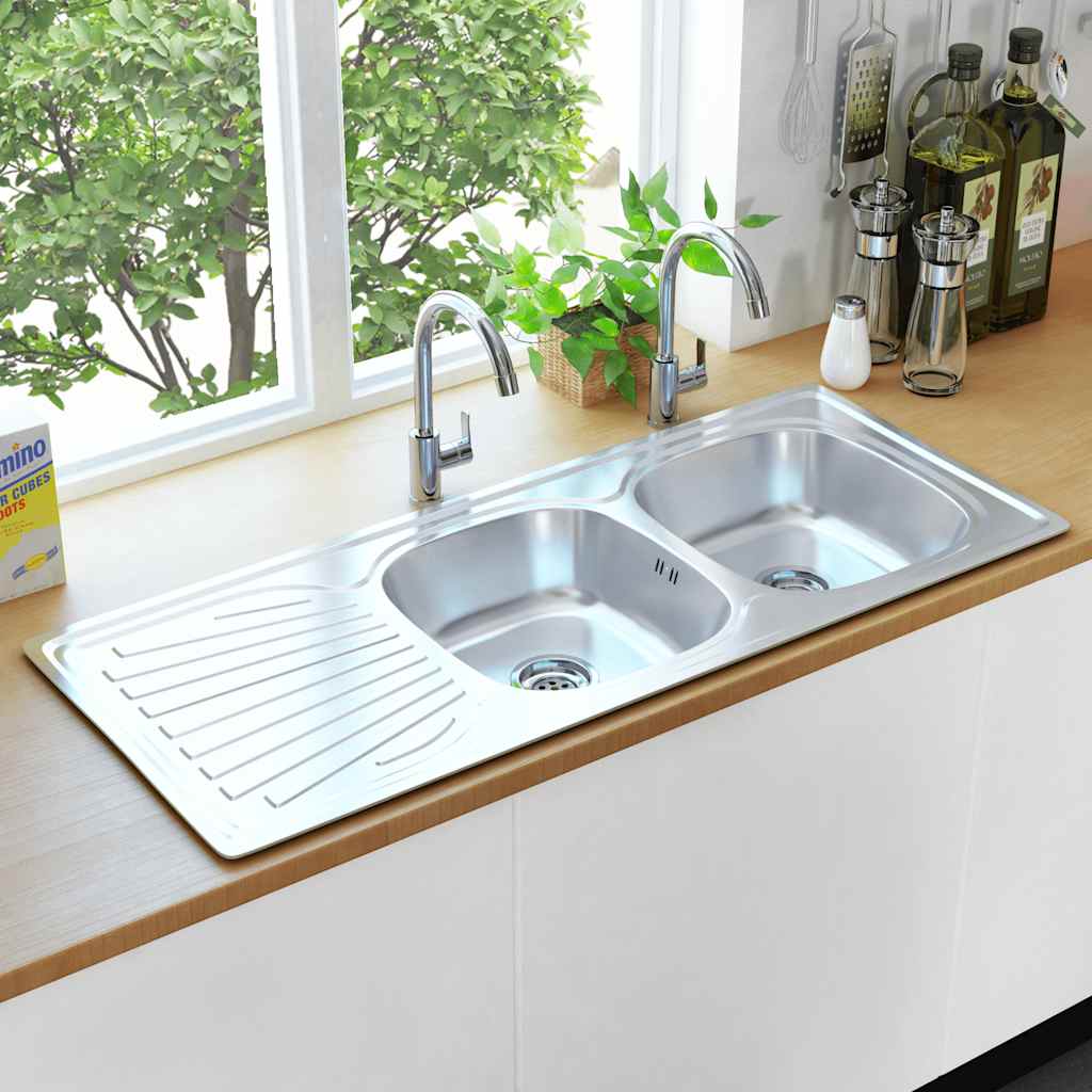 Double kitchen sink with strainer and siphon, stainless steel