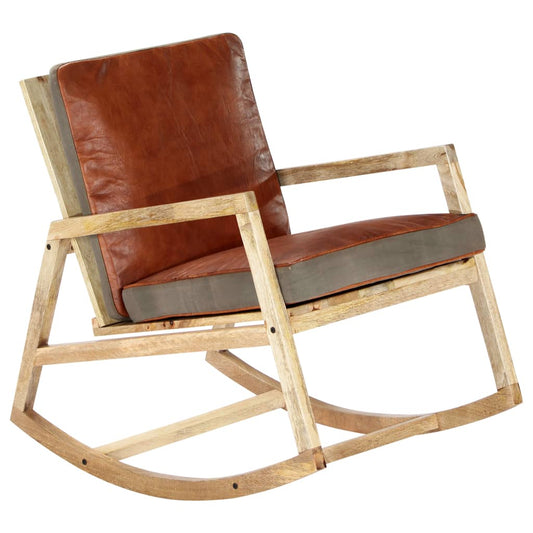 Rocking chair, brown, natural leather and solid mango wood