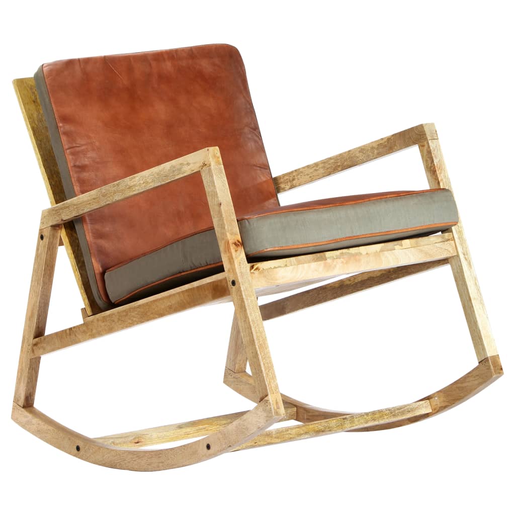 Rocking chair, brown, natural leather and solid mango wood