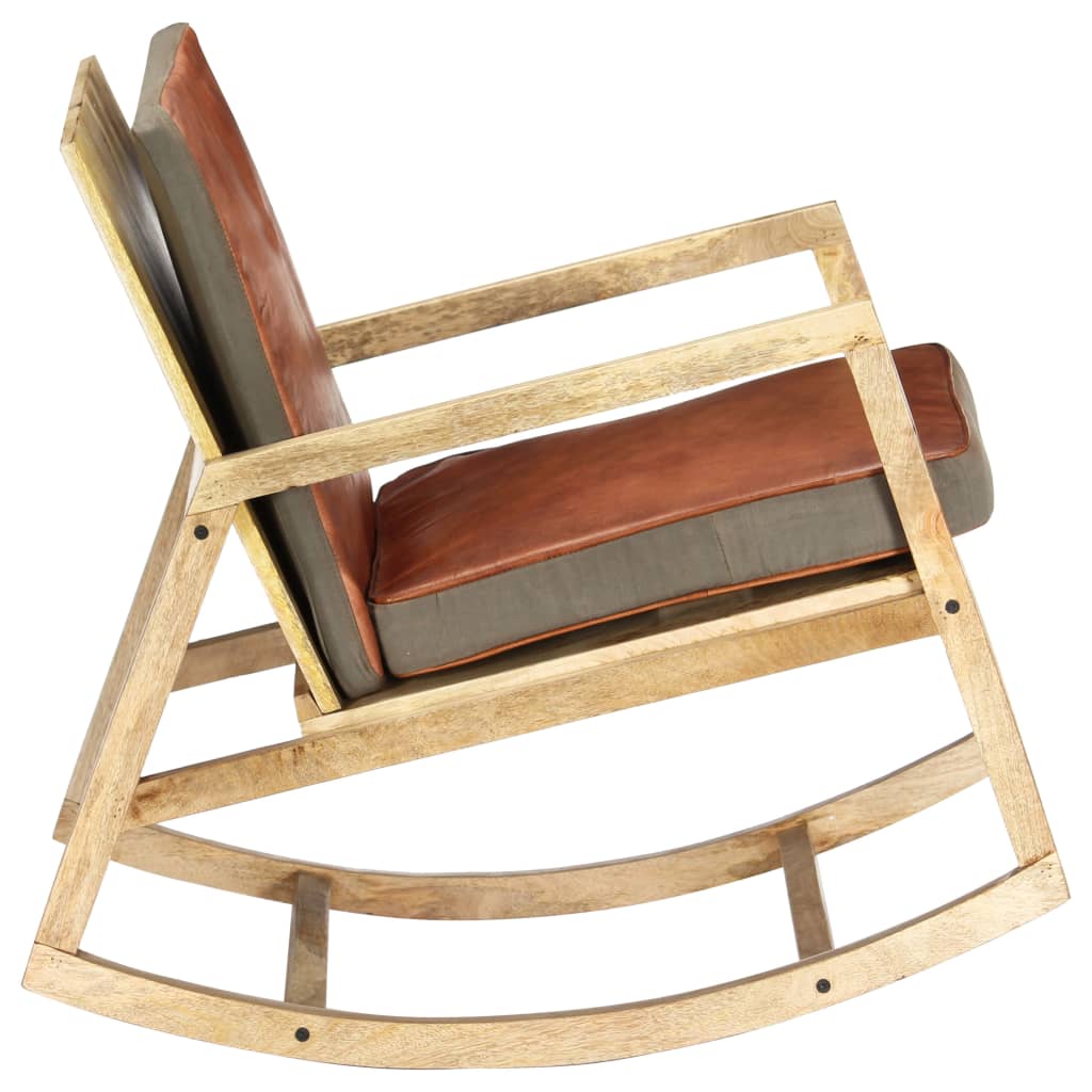 Rocking chair, brown, natural leather and solid mango wood