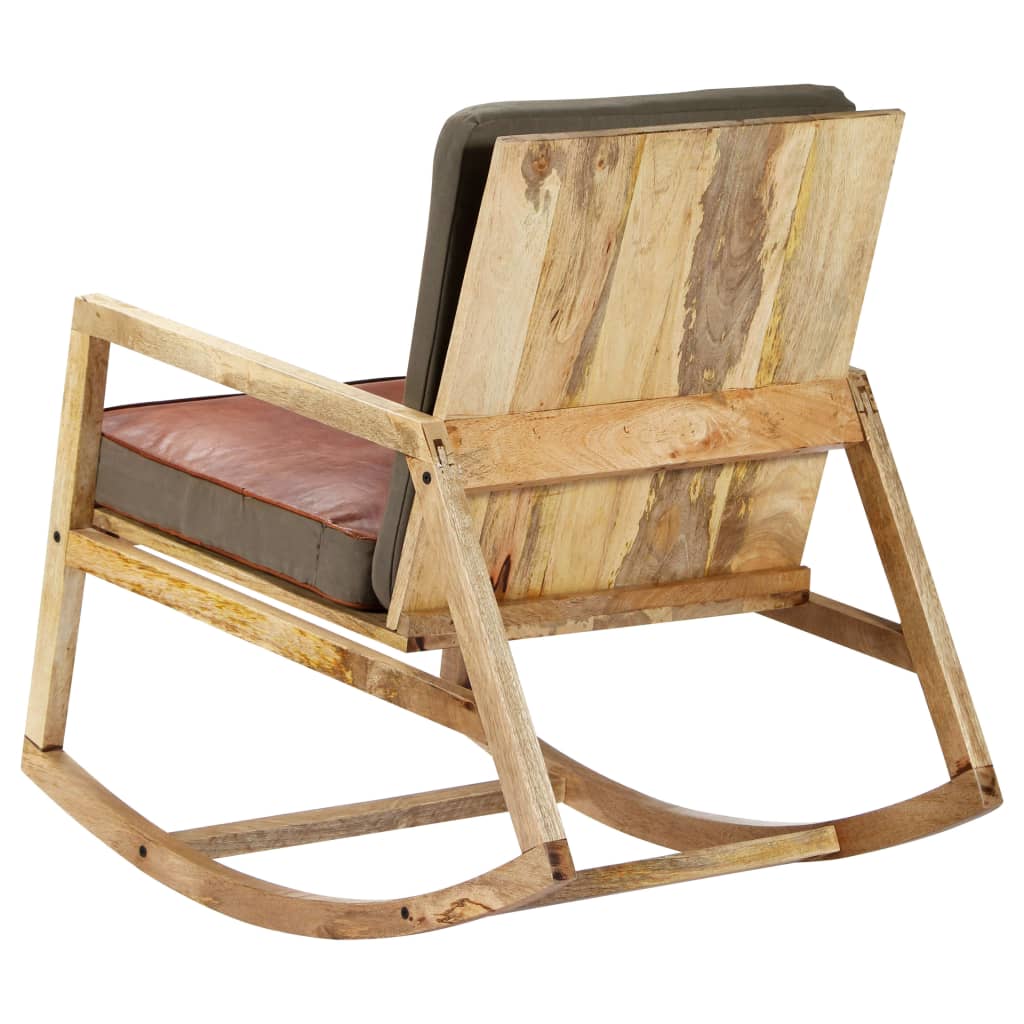 Rocking chair, brown, natural leather and solid mango wood