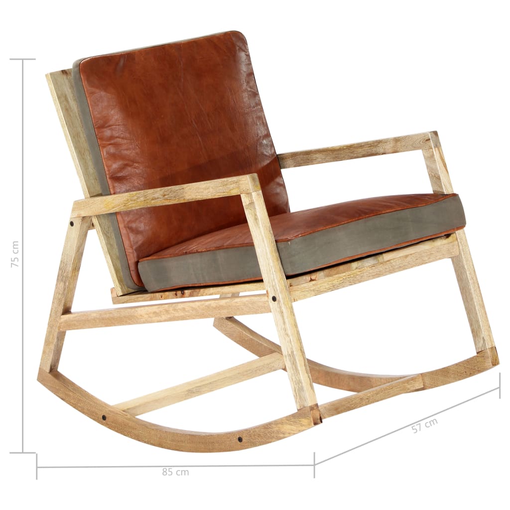 Rocking chair, brown, natural leather and solid mango wood