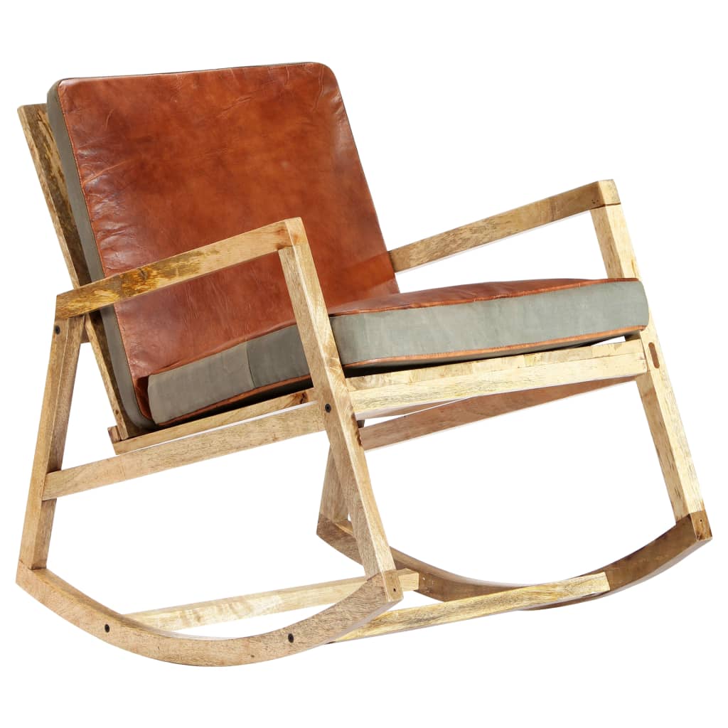 Rocking chair, brown, natural leather and solid mango wood