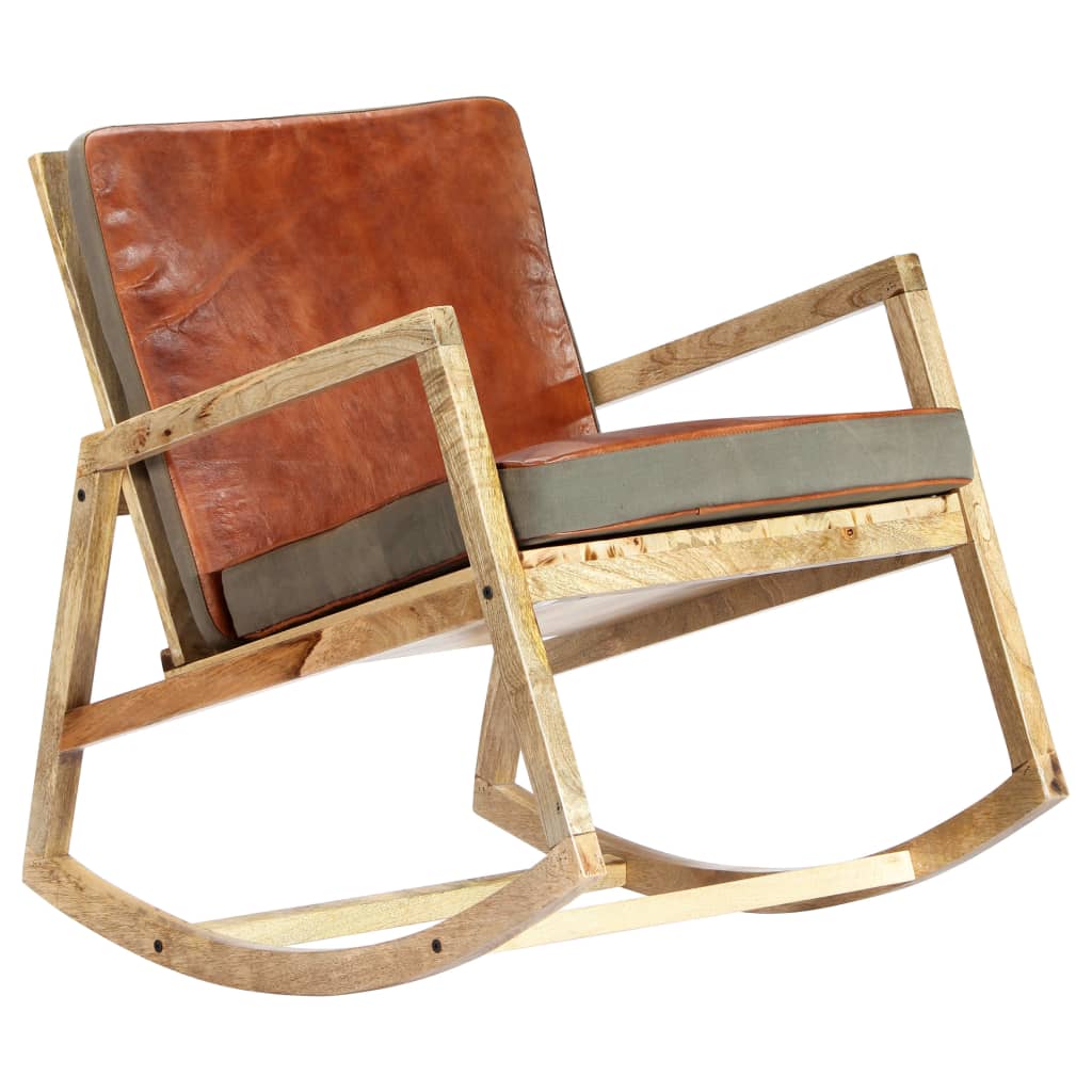 Rocking chair, brown, natural leather and solid mango wood