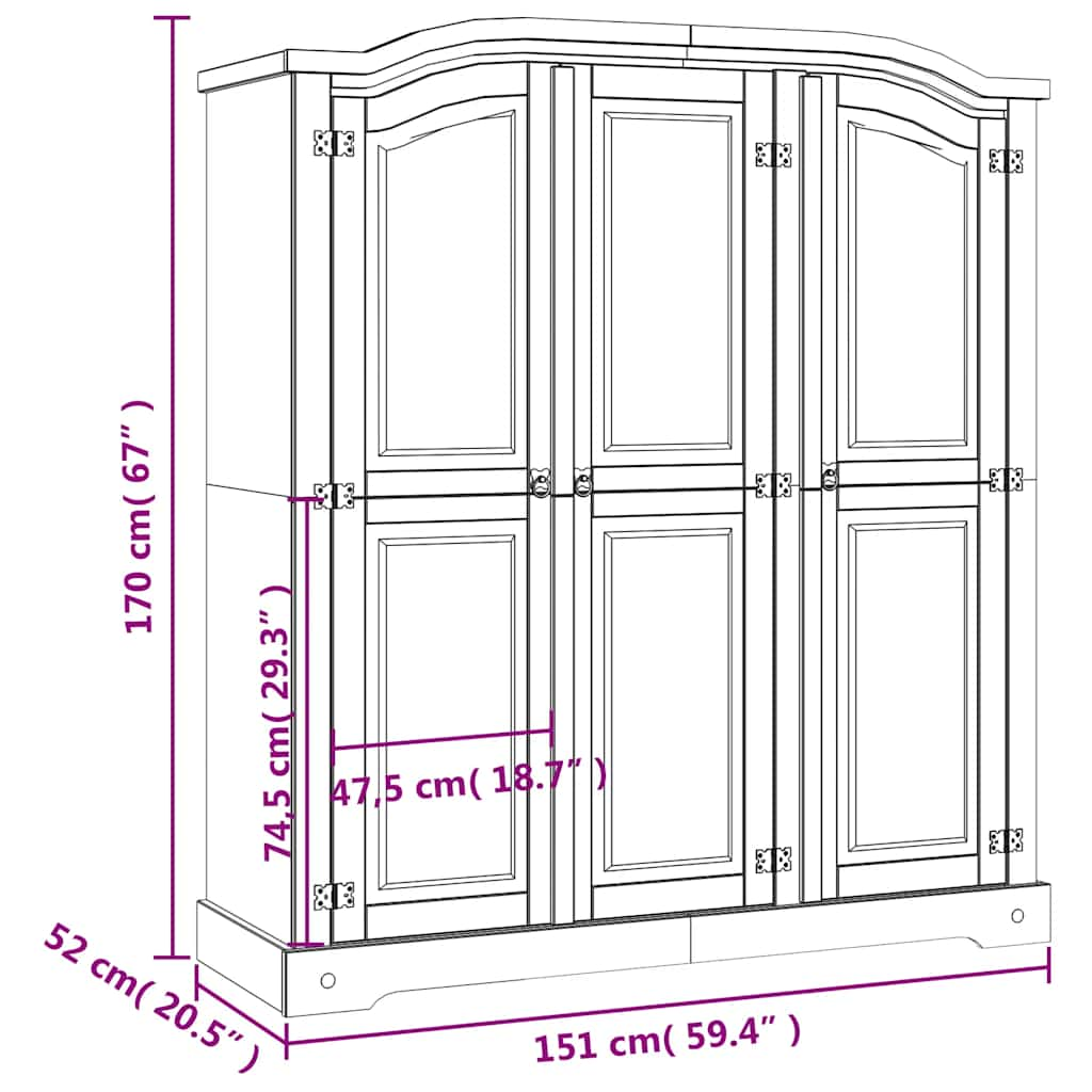 Wardrobe, gray, Mexican pine wood, 3 doors, Corona collection