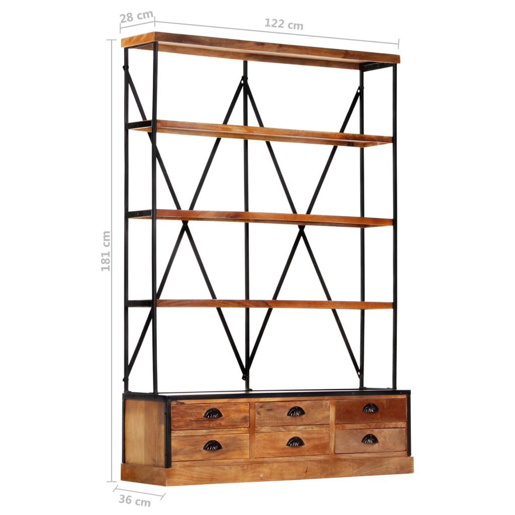 Bookcase 4 shelves 6 drawers 122x36x181 cm solid mango wood