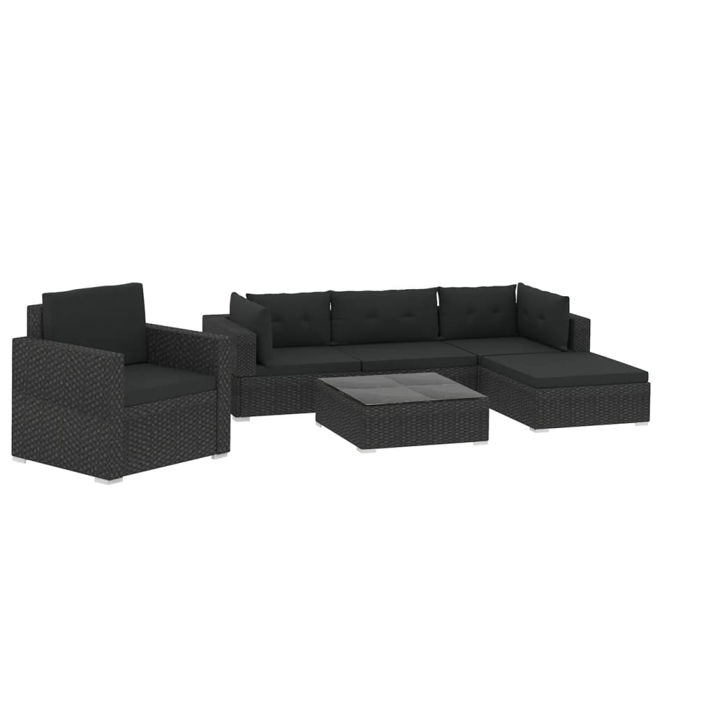 Garden furniture set with cushions, 6 pieces, black, polyrattan